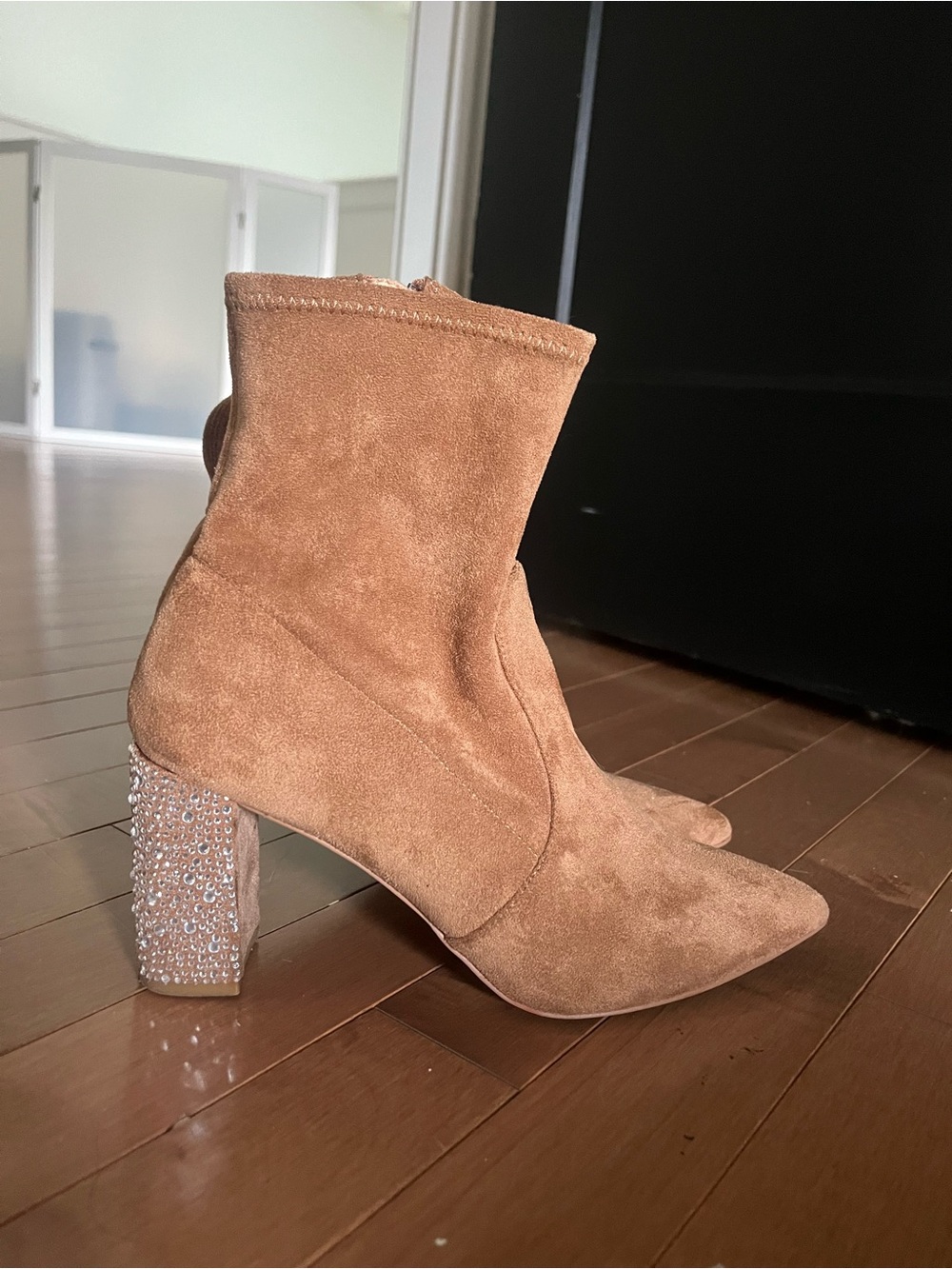 Jewel Badgley Mischka Faux Suede Crystal Block Heel Pointed Sock Boots - Tan